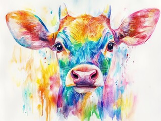 Colorful Watercolor Cow Portrait  Animal Art  Farm  Cute   Farm Animal   Bovine