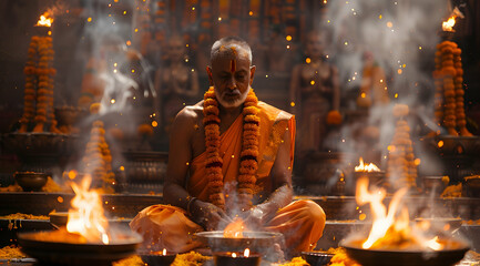 Man in Orange Robe Meditating with Flames and Flowers - Realistic Image