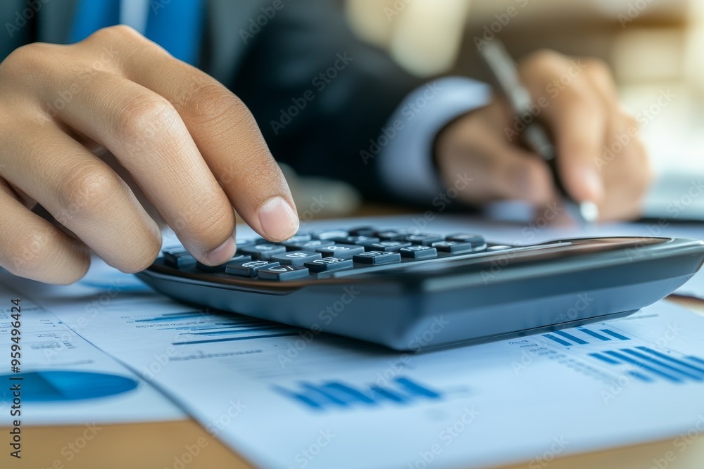 Poster Closeup of a hand using a calculator to analyze financial data.