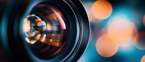 Close-up of a camera lens with bokeh lights in the background.