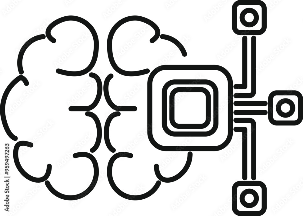 Poster line art vector icon of a microchip processing data from a human brain, representing artificial inte