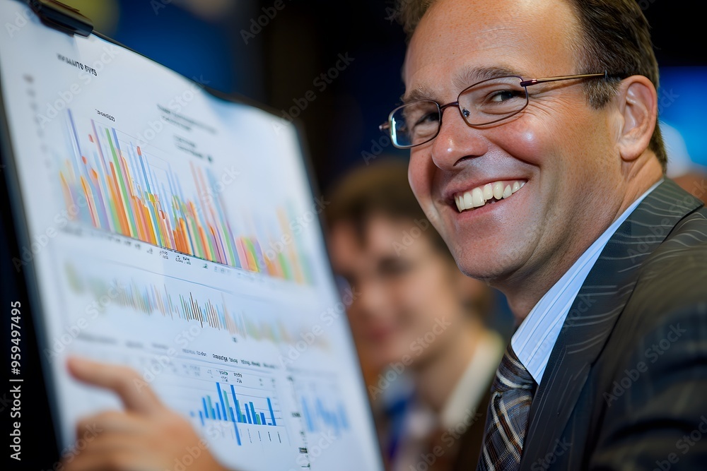 Poster businessman smiling while presenting graphs and data