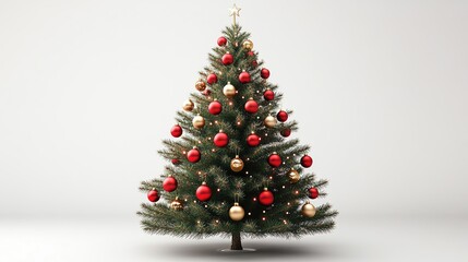 Festive Christmas tree adorned with red and gold ornaments, elegantly enhancing holiday spirit in a minimalist setting.