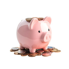 A cute pink piggy bank surrounded by coins, symbolizing saving and financial planning for future investments.