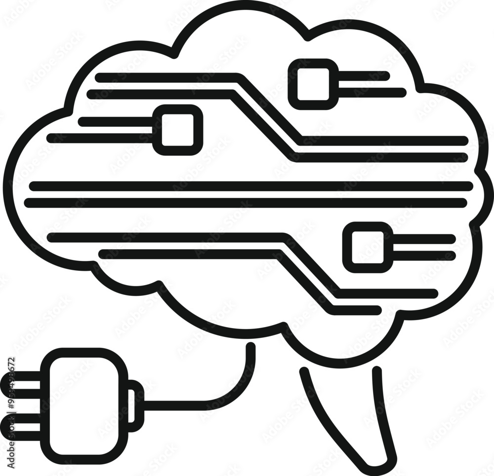 Poster brain with a circuit board pattern is being powered up by an electric plug, symbolizing artificial i