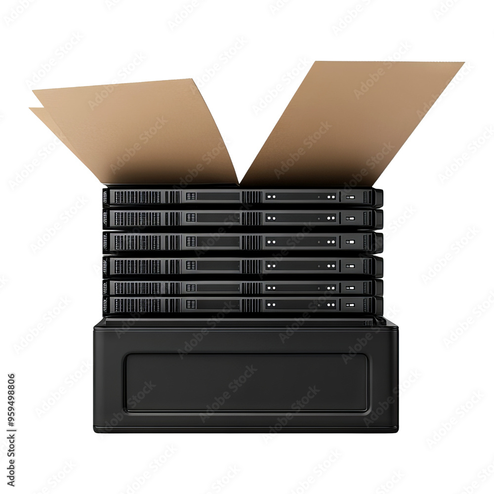 Poster a stack of servers in a black box, ready for deployment. ideal for technology, data storage, and it 