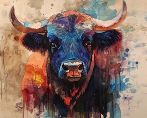 Watercolor Painting of a Bull s Head with Dramatic Colors