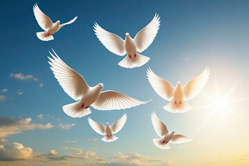 Obraz premium Cheerful Doves Flying Through a Bright Sky Ambiance