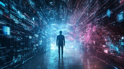 A figure stands alone in a digital landscape filled with vibrant light patterns, representing technology and future possibilities.