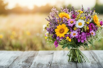 A stunning bouquet featuring sunflowers, daisies, and lavender is elegantly arranged on a weathered wooden table under golden sunlight. Generative AI