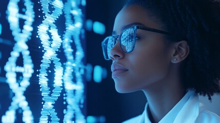 A focused scientist analyzes digital DNA data, showcasing the intersection of technology and genetics in modern research.