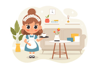 Professional Maid Vector Illustration of a Girl Cleaning Service Worker Wearing a Uniform and Apron While Cleaning a House in a Cartoon Background