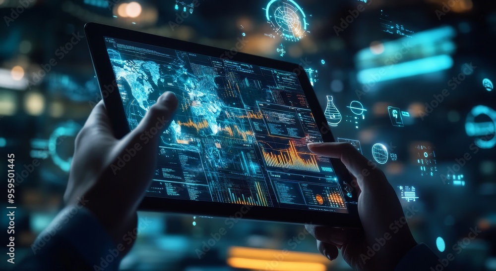 Poster Hands holding a tablet with a futuristic interface showing a world map, charts and data.