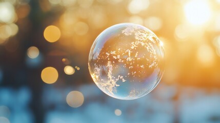 Frozen soap bubble on snow with golden sunlight and bokeh background
