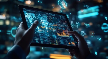 Hands holding a tablet with a futuristic interface showing a world map, charts and data.
