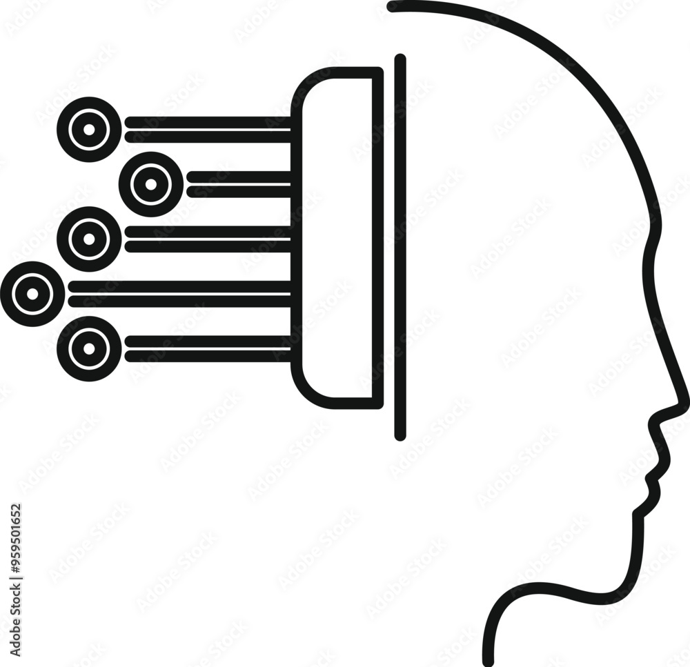 Poster simple icon of artificial intelligence connecting to a human brain with data flow, representing the 