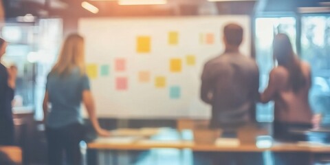 Diverse Team Brainstorming in Modern Office: Year-End Review Meeting with Blurred Whiteboard. Cultural Inclusivity and Freedom in Workplace Collaboration. Abstract Creative Pattern for Marketing. End-