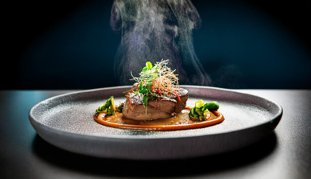 Delicious grilled beef steak with steam coming out, served on plate with sauce and herbs, fine dining experience