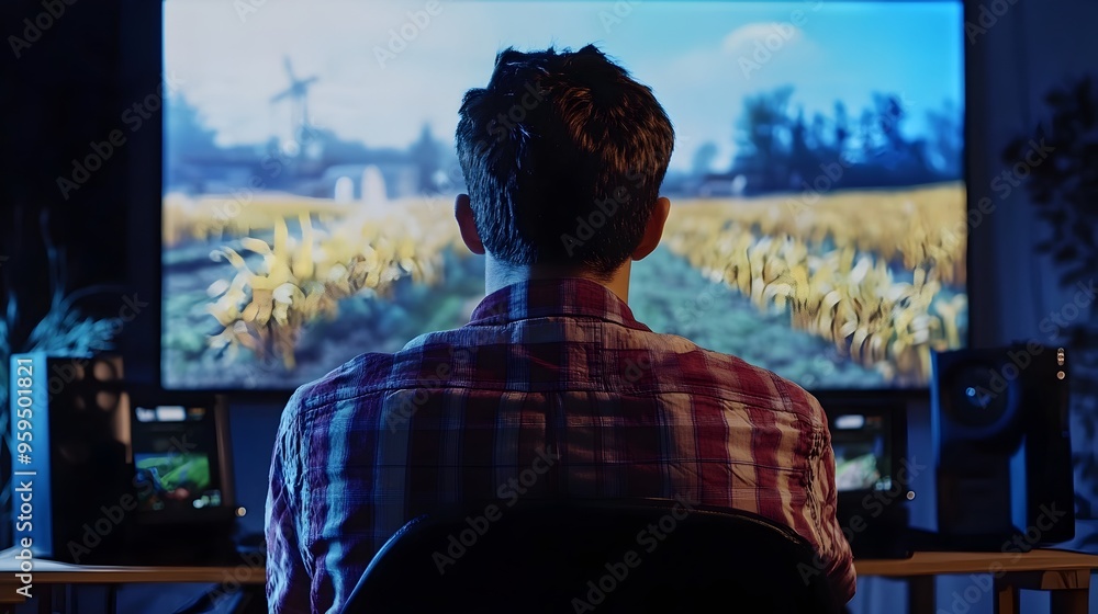 Poster gamer captivated by farming simulation game on large screen