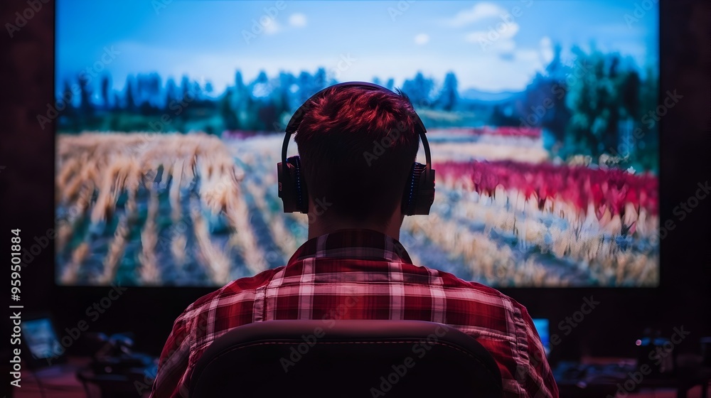 Poster gamer engrossed in farming simulation on large digital screen