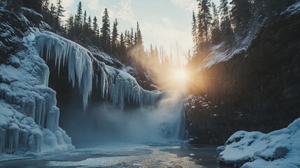 Frozen waterfall in forest with sunburst through icy mist at sunset
