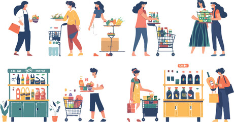 Set of different customers in a grocery store. People make purchases of food and drinks. Routine and household chores concepts. Vector flat illustrations on a white background