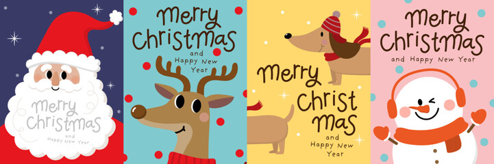 Merry Christmas and happy new year with Santa Claus, deer and dog. Holiday cartoon character in winter season. -Vector