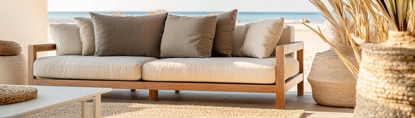 Obraz premium Stylish sofa in a bright coastal living room with modern decor and natural light, perfect for relaxation and comfort.