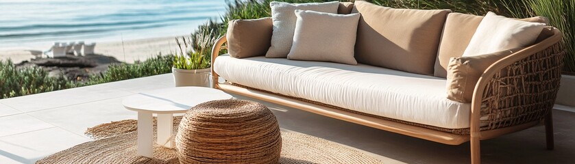 Stylish outdoor sofa by the beach, perfect for relaxation and enjoying scenic views in a serene environment.