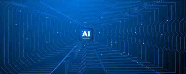 Abstract AI circuit board background. Technology connected blue lines with electronics elements on tech. Computer motherboard with a chip, processor, and semiconductor. Digital vector illustration