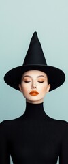 A woman wearing a black hat and a black dress is posing for a photo