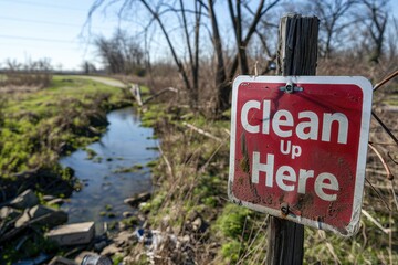 A clean sign reading "Clean Up Here" in contemporary font, positioned at a site for river cleanup efforts, encouraging community participation