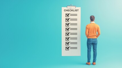 A person standing in front of a checklist, focusing on task management and organization in a vibrant, modern setting.