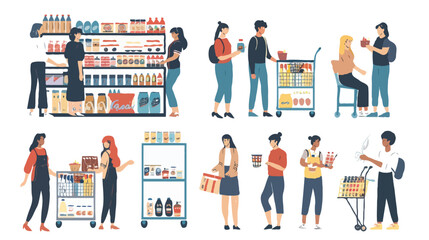Obraz premium Set of different customers in a grocery store. People make purchases of food and drinks. Routine and household chores concepts. Vector flat illustrations on a white background