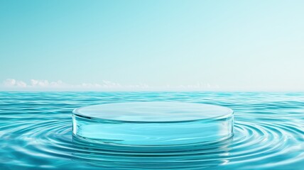A serene circular glass object resting on calm water, surrounded by gentle ripples and a clear blue sky.