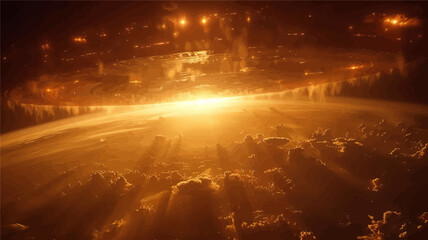 Glowing UFO Orbiting Earth at Sunrise