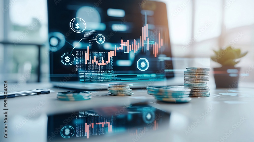 Poster close-up of a policy makerâ€™s desk with economic data and charts, surrounded by global currency sym