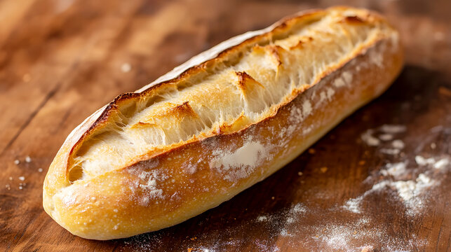close-up of a perfectly baked baguette, with a golden crust and a soft, airy inside, sitting on a rustic wooden counter