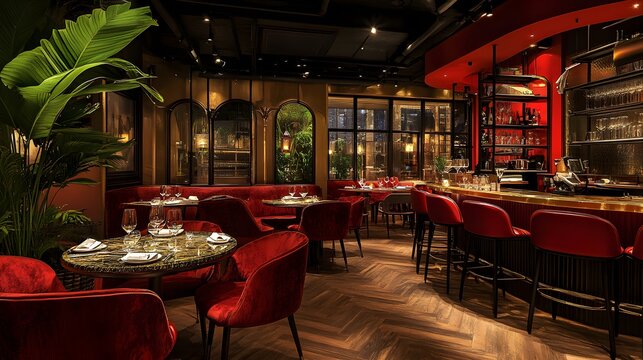 A refined atmosphere with deep red tones and a selection of gourmet tapas