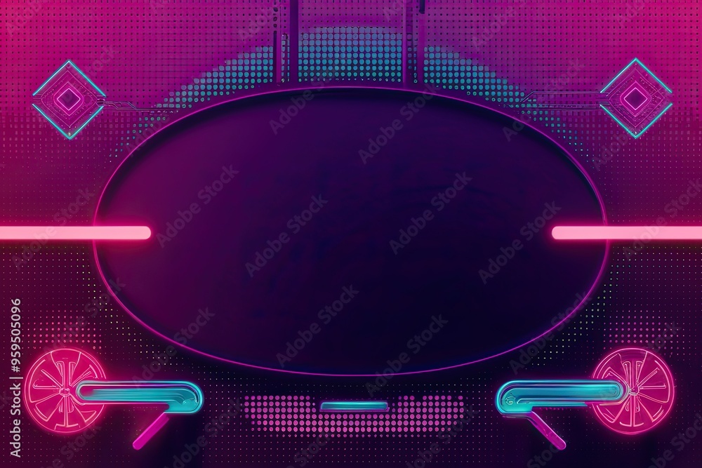 Poster dark neon halftone retro backdrop with dotted elements and futuristic motifs