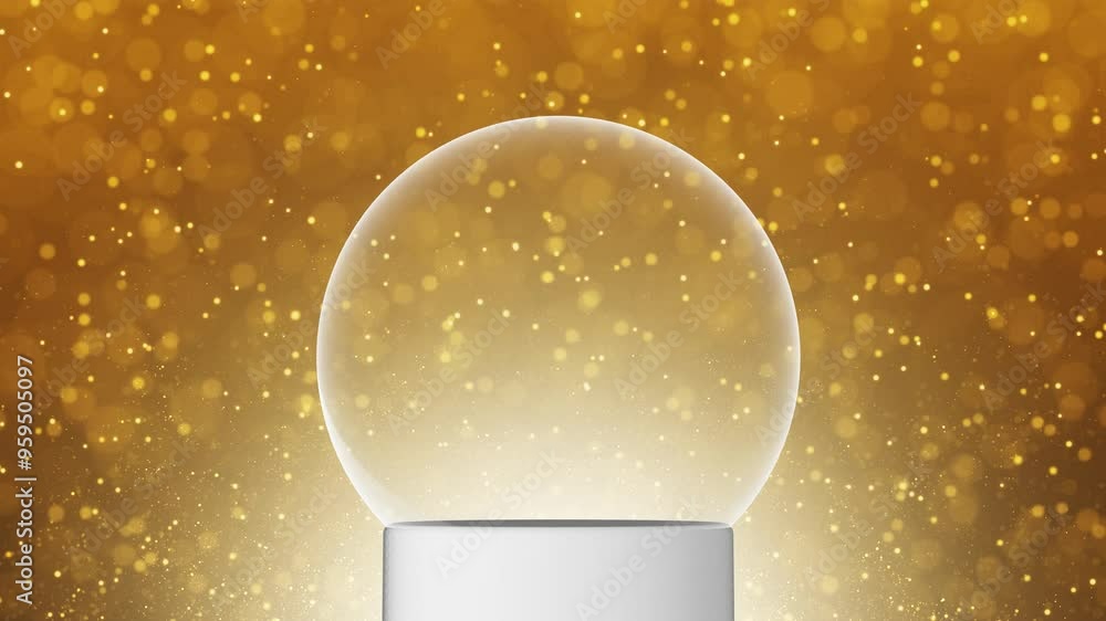 Poster christmas holiday empty snow globe snowball with falling snowflakes snowfall and golden bokeh glitte