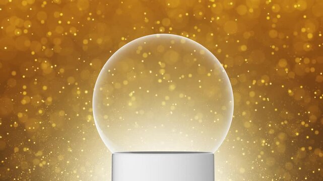Christmas holiday empty snow globe snowball with falling snowflakes snowfall and golden bokeh glittering background. Copy space seamless loop background greeting card. Gold color.