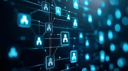Obraz premium Abstract rendering of economic policy influencing employment rates, visualized through digital workforce icons and charts