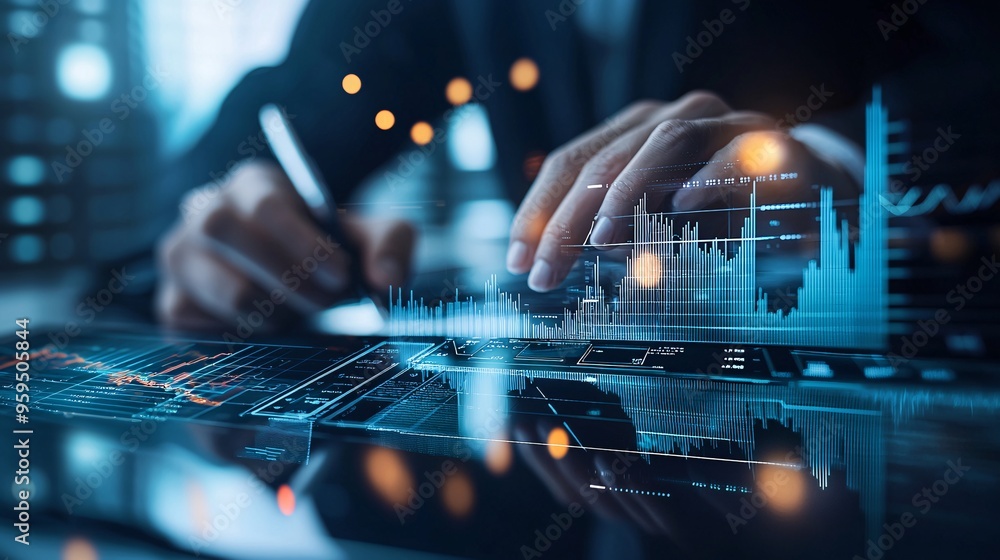 Poster visual of economic policy documents with graphs and charts, being analyzed by experts in a high-tech