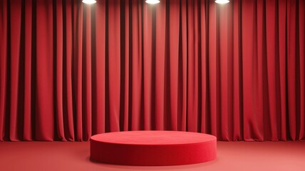 A vibrant red stage with curtains and spotlights, perfect for performances, events, or presentations.
