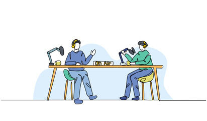 Vector illustration of two young man podcast. Modern flat in continuous line style.