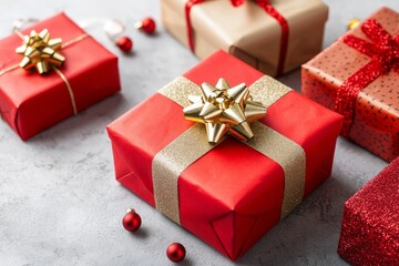 Obraz premium Merry Christmas and Happy New Year festive colorful composition. Christmas background. Xmas banner and holiday poster