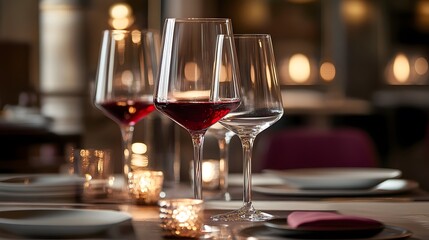 Elegant wine glasses and small plates in a setting of luxurious deep tones
