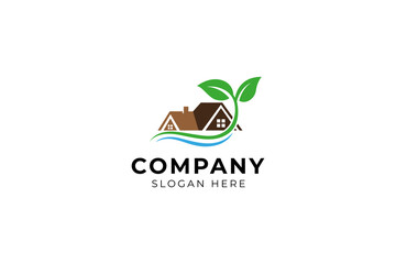 Green House with natural leaf elements in flat logo vector design style