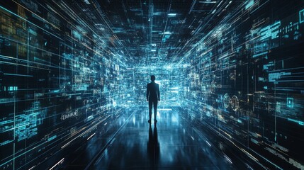 A silhouette stands in a futuristic, digital environment filled with glowing data streams and abstract technology.